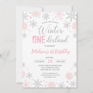 Rosa Winter Onederland Snöflingor Första födelseda Inbjudningar