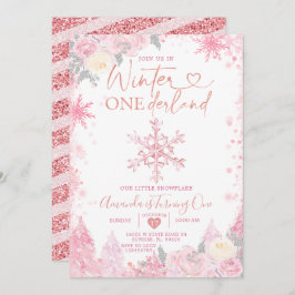Rosa Winter Onederland Snowflake 1:a födelsedagen Inbjudningar