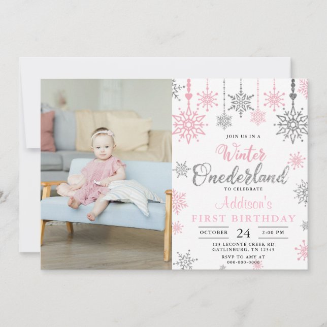 Rosa Winter Onederland Snowflake Birthday Photo Inbjudningar (Framsida)