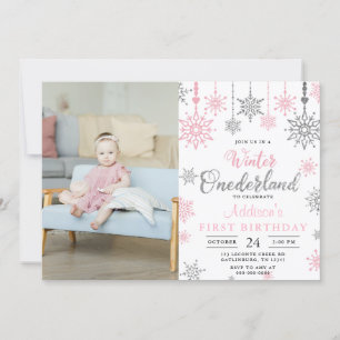 Rosa Winter Onederland Snowflake Birthday Photo Inbjudningar