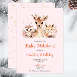 Rosa Winter Onederland Woodland Birthday Inbjudningar