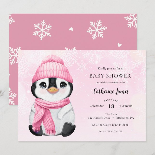 Rosa Winter Penguin Baby Shower-inbjudan Inbjudningar (Fram/baksida)