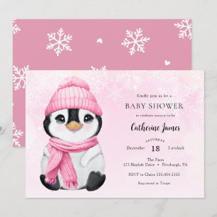 Rosa Winter Penguin Baby Shower-inbjudan Inbjudningar
