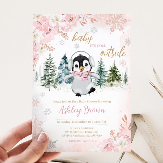 Rosa Winter Penguin Baby Shower Inbjudningar (Girl Penguin Baby Shower Invitation)