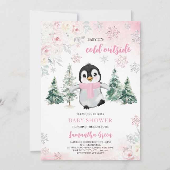 Rosa Winter Penguin Baby Shower Inbjudningar (Framsida)