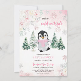 Rosa Winter Penguin Baby Shower Inbjudningar