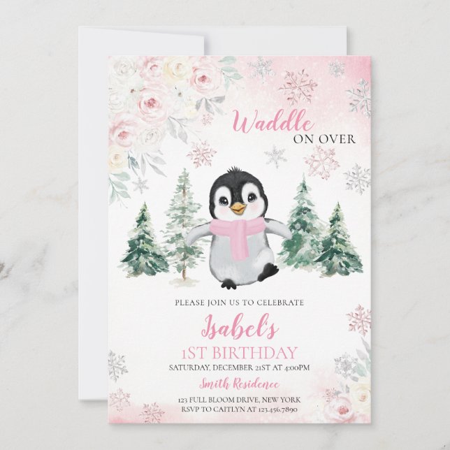 Rosa Winter Penguin Födelsedagsfest Inbjudningar (Framsida)