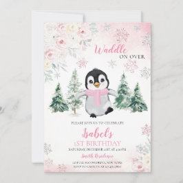 Rosa Winter Penguin Födelsedagsfest Inbjudningar