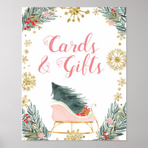 Rosa Winter Sleigh-kort och -gåvor Poster