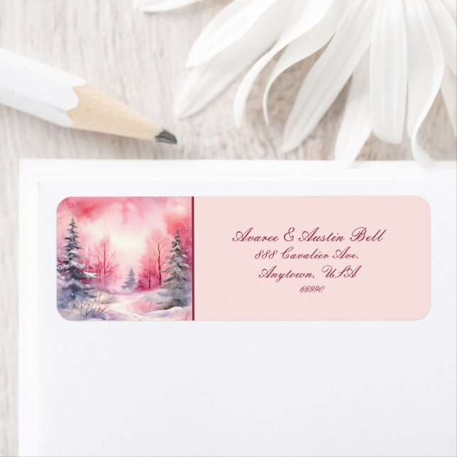 Rosa Winter Snö Scene Träd Himmel Trail Returadress Etikett (Insitu)