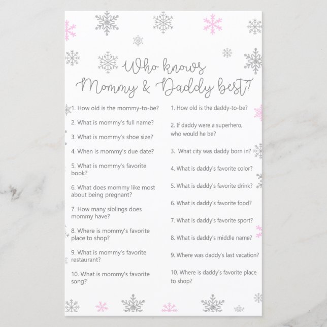Rosa Winter Snowflake Baby Shower Game PRINTED (Framsida)