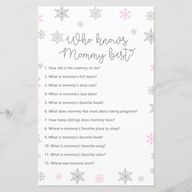 Rosa Winter Snowflake Baby Shower Game PRINTED (Framsida)