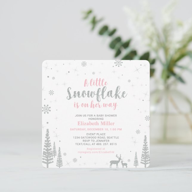 Rosa Winter Wonderland, Baby Shower Inbjudningar (Stående Fram)
