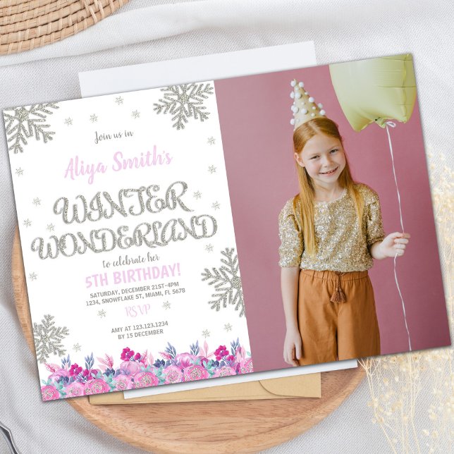 Rosa Winter Wonderland Birthday-foto Inbjudningar (Pink Winter Wonderland Birthday Invitations photo)