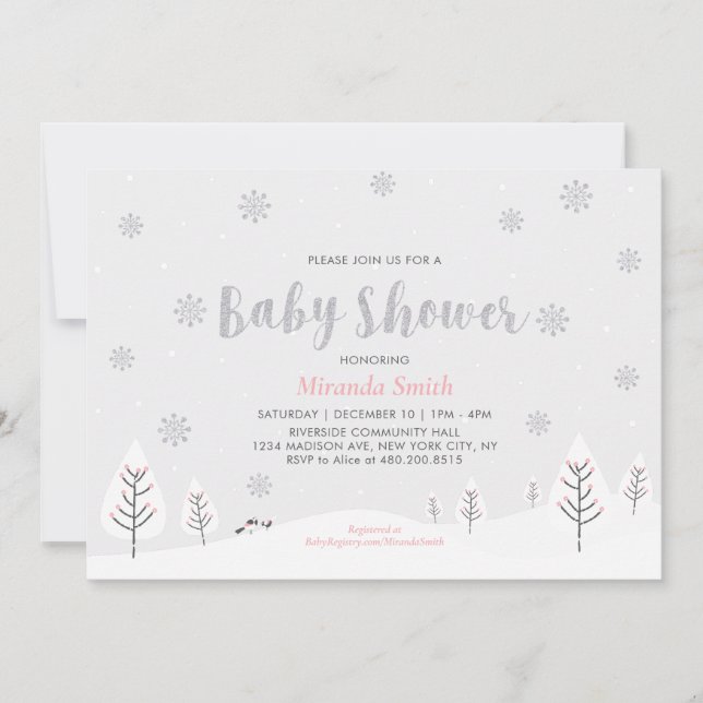 Rosa Winter Wonderland, Girl Baby Shower Sprinkle Inbjudningar (Framsida)