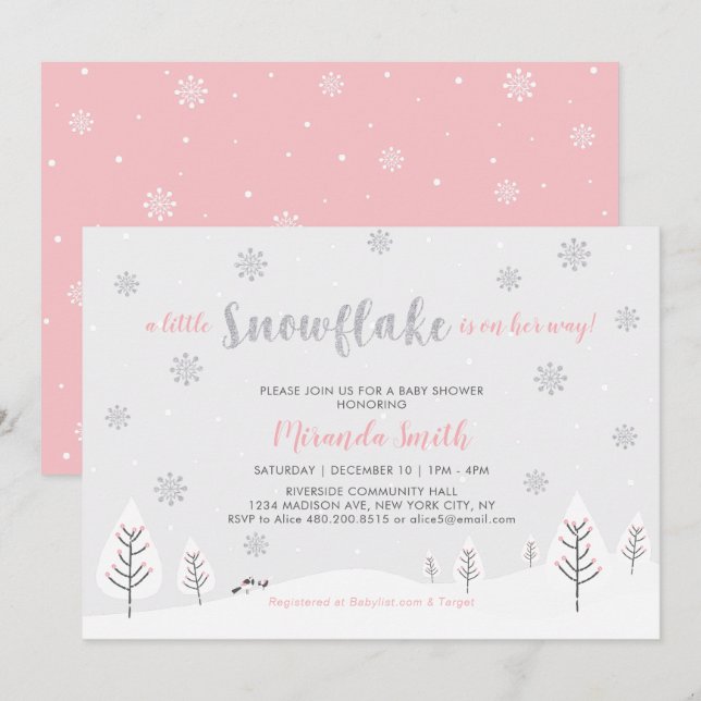 Rosa Winter Wonderland, Girl Baby Shower/Sprinkle Inbjudningar (Fram/baksida)