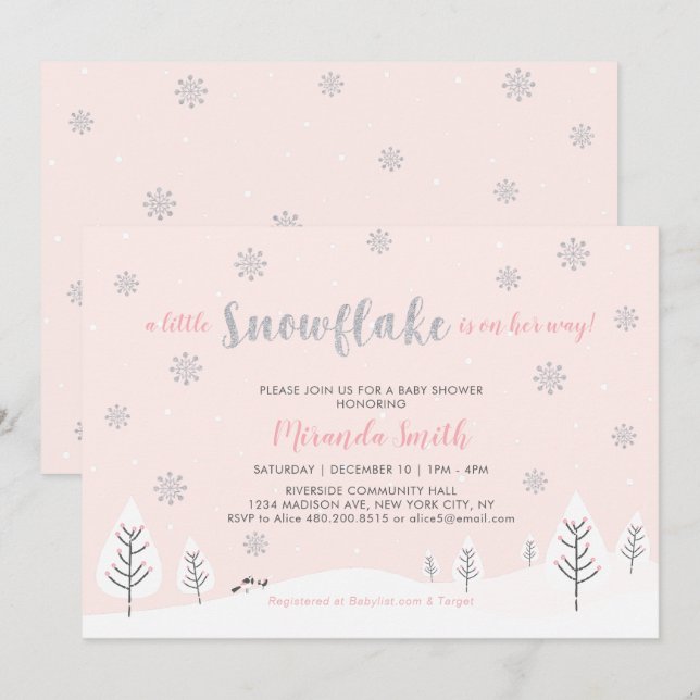 Rosa Winter Wonderland, Girl Baby Shower/Sprinkle Inbjudningar (Fram/baksida)
