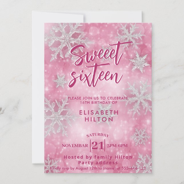 Rosa Winter wonderland snöflingor dress söt 16 Inbjudningar (Framsida)