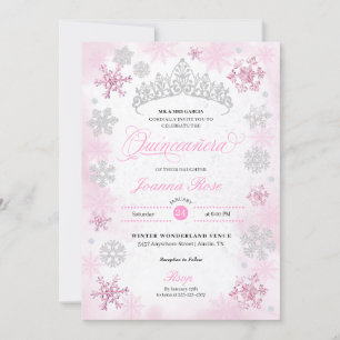 Rosa Winter Wonderland Snowflake Quinceanera Inbjudningar