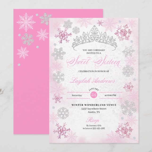Rosa Winter Wonderland Snowflake Sweet 16 Inbjudningar (Fram/baksida)