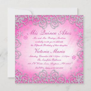 Rosa Winter Wonderland Swirl Snowflake Quinceanera Inbjudningar