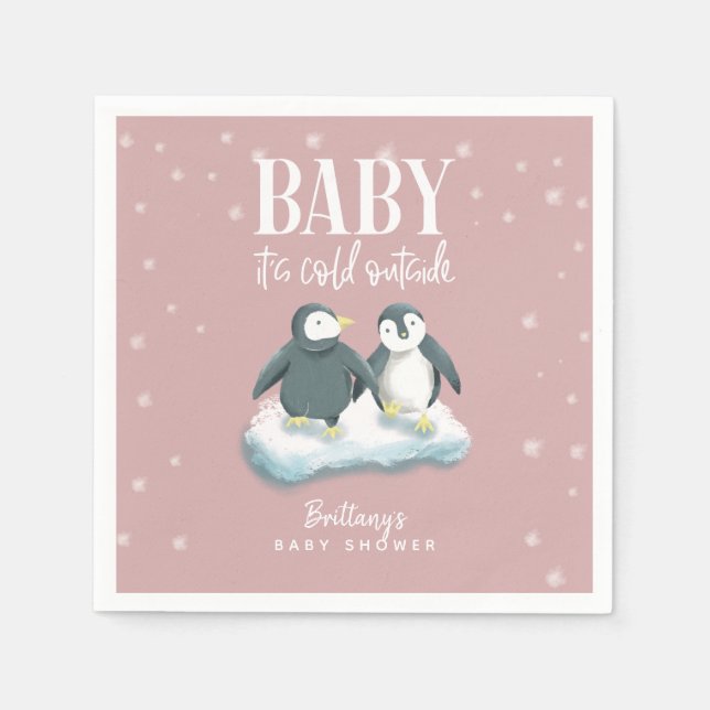 Rosa Winter Wonderland Theme Penguin Baby Shower Pappersservett (Framsidan)