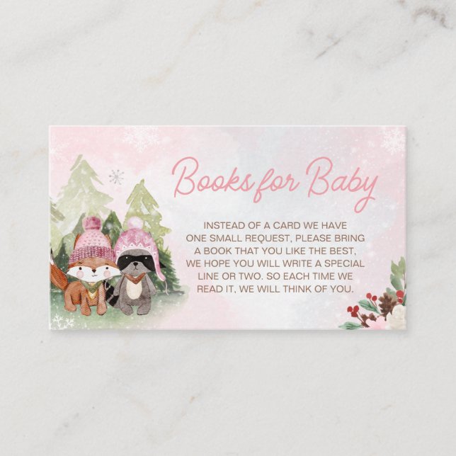 Rosa Winter Woodland Baby Shower Bokar för Baby Tilläggskort (Framsida)