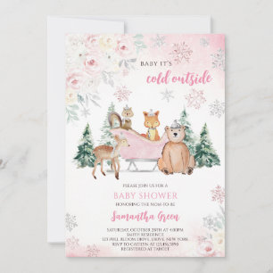 Rosa Winter Woodland Baby Shower Inbjudningar