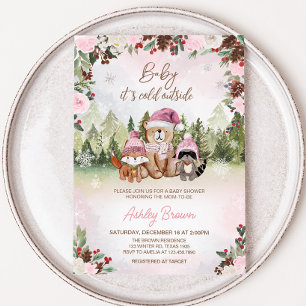 Rosa Winter Woodland Baby Shower Inbjudningar