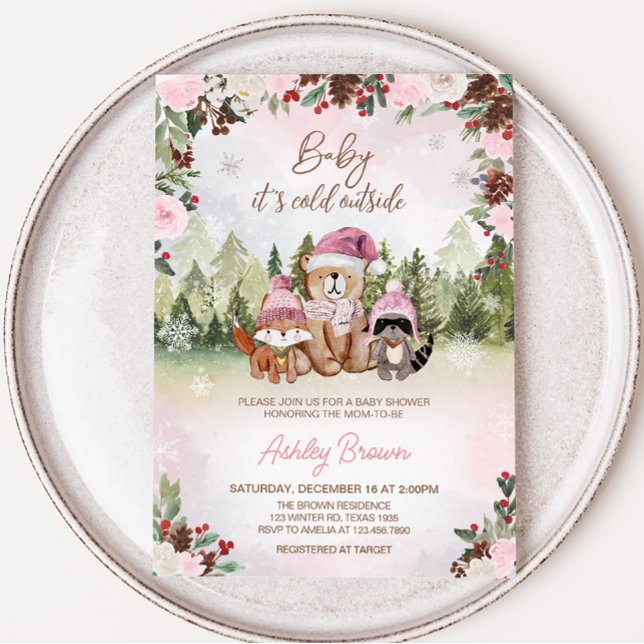 Rosa Winter Woodland Baby Shower Inbjudningar (Pink Floral Winter Baby Shower Invitation)