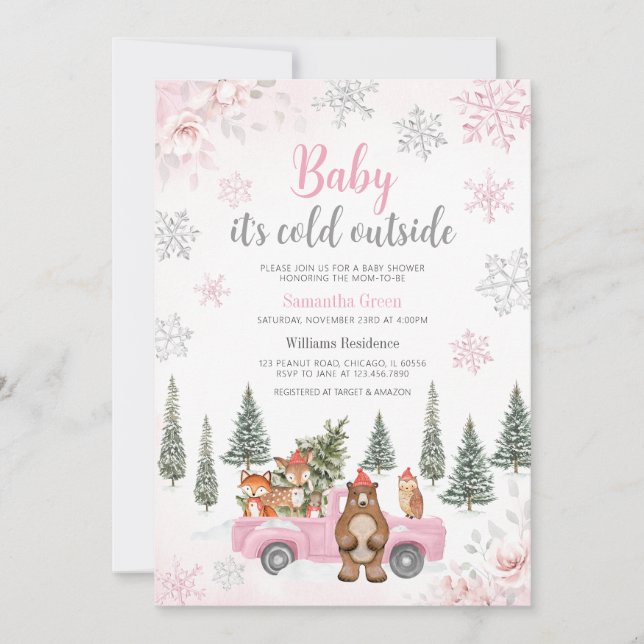 Rosa Winter Woodland Baby Shower Inbjudningar (Framsida)