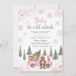 Rosa Winter Woodland Baby Shower Inbjudningar