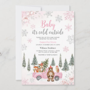 Rosa Winter Woodland Baby Shower Inbjudningar