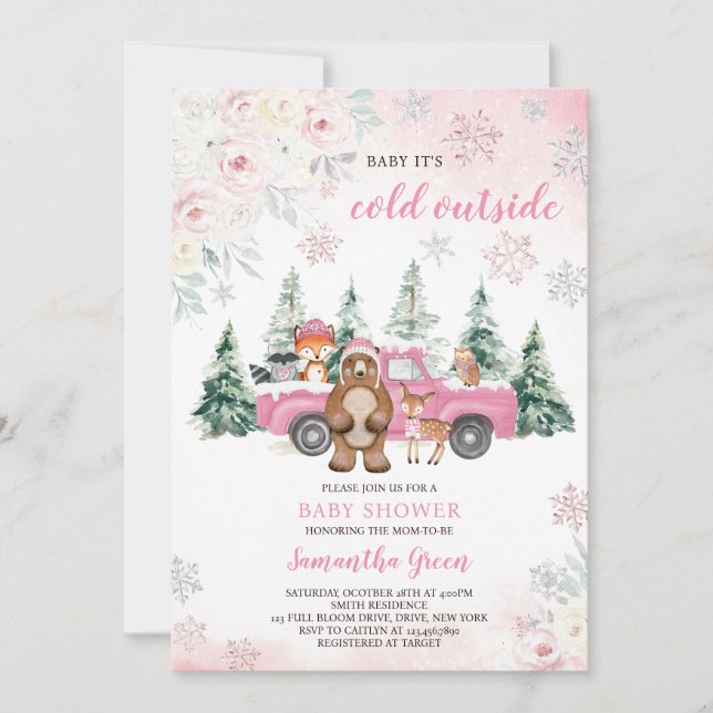 Rosa Winter Woodland Baby Shower Inbjudningar (Framsida)