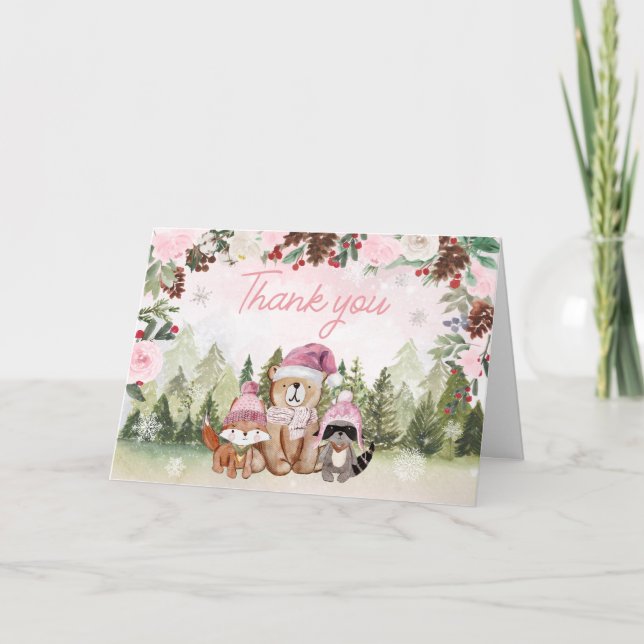 Rosa Winter Woodland Baby Shower Tack Kort (Framsida)