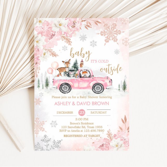 Rosa Winter Woodland Lastbil Baby Shower Inbjudningar (Pink Baby It's Cold Outside Baby Shower Invitation)