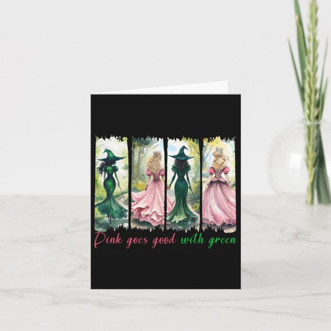 Rosa Witch går Bra med Grönt Halloween Witch Witch Kort (Framsida)