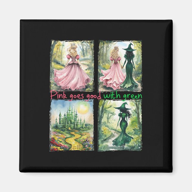 Rosa Witch går Bra med Grönt Halloween Witch Witch Magnet (Framsidan)
