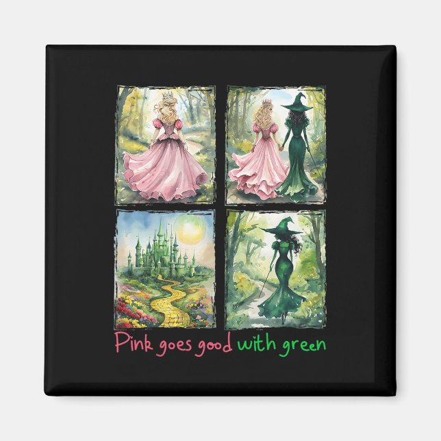 Rosa Witch går Bra med Grönt Halloween Witch Witch Magnet (Framsidan)