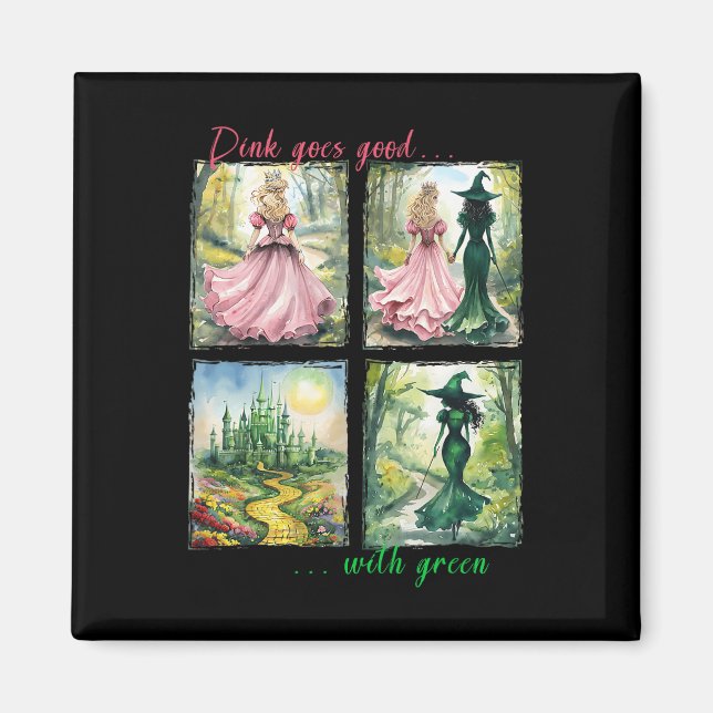 Rosa Witch går Bra med Grönt Halloween Witch Witch Magnet (Framsidan)
