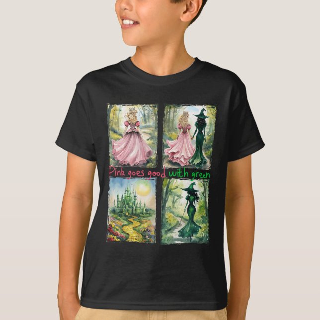 Rosa Witch går Bra med Grönt Halloween Witch Witch T Shirt (Framsida)