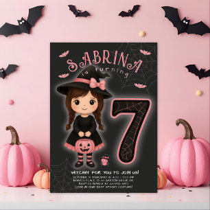 Rosa Witch Halloween Birthday-inbjudan Inbjudningar