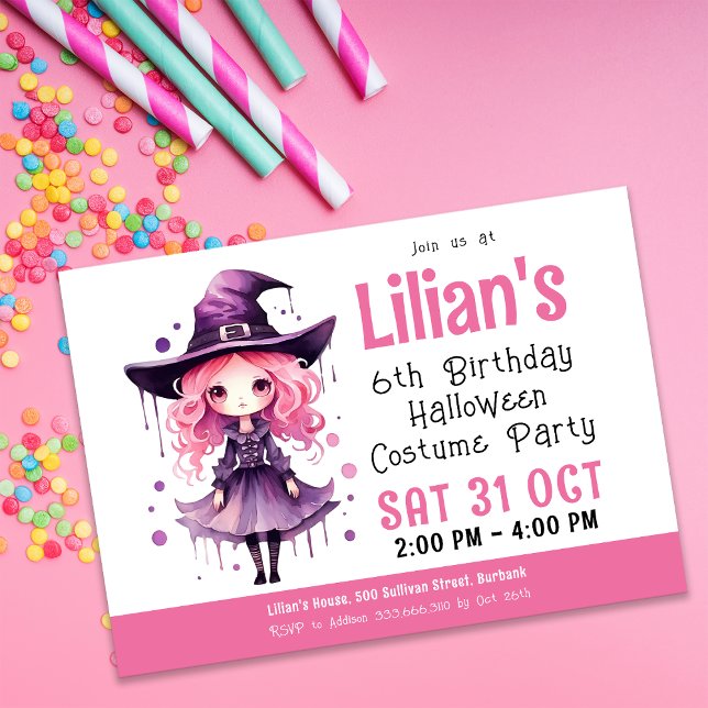 Rosa Witch Halloween Costume Party Birthday Inbjudningar (Skapare uppladdad)