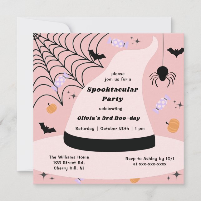 Rosa Witch Hat Halloween om året Inbjudningar (Framsida)