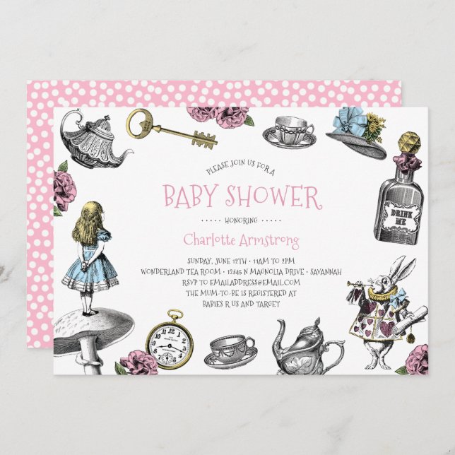 Rosa Wonderland Baby Shower med Polka dots Inbjudningar (Fram/baksida)