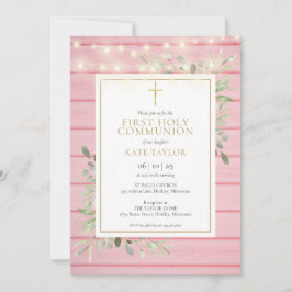 Rosa Wood Ljus Greenery First Heliga Communion Inbjudningar