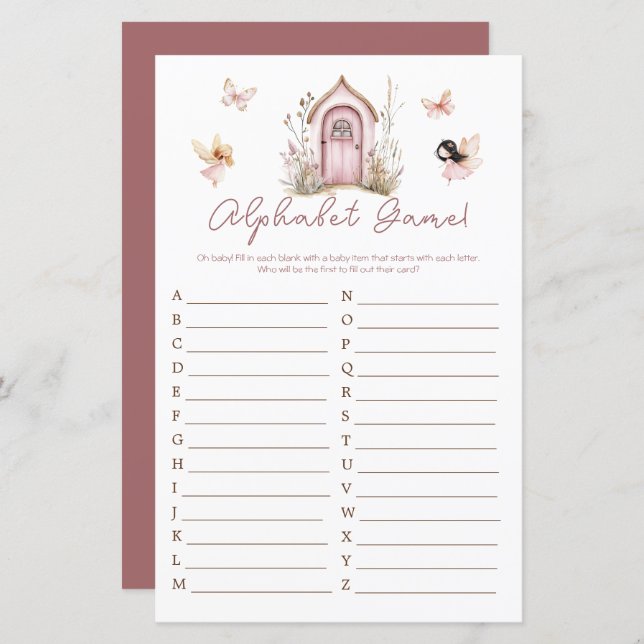 Rosa Woodland Älvor Baby Shower Alphabet (Fram/baksida)