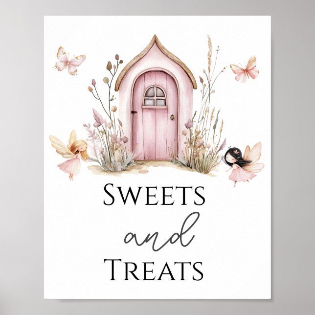 Rosa Woodland Älvors Sweets and Treats Party Sign Poster (Framsidan)