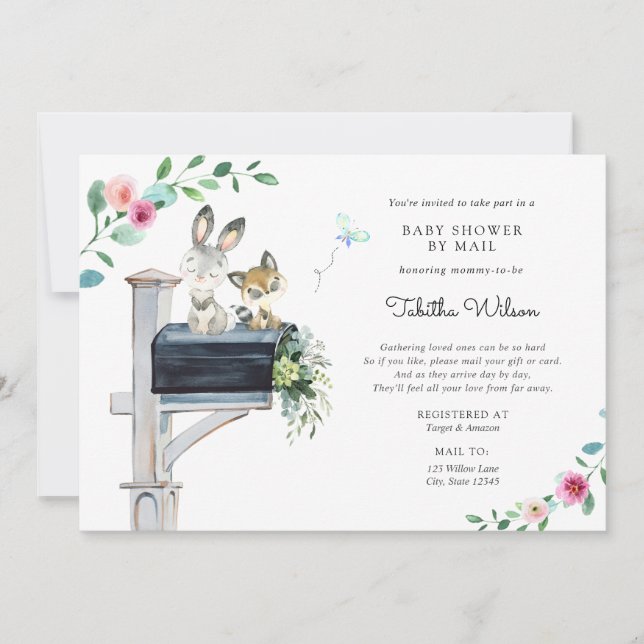 Rosa Woodland Animal Baby Shower by Mail Inbjudningar (Framsida)