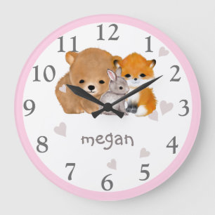 Rosa Woodland Animal Fox Bear Bunny Wall Clock Stor Klocka